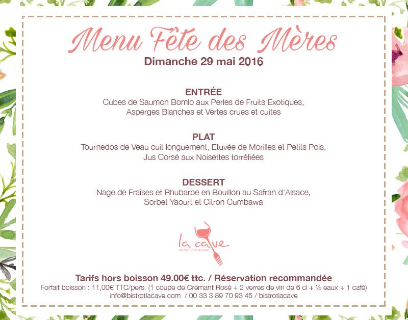 Menu fête des mères 2016 restaurant La Cave Saint-Louis